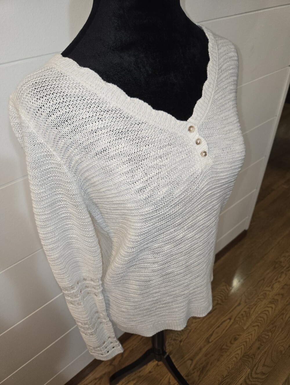 Women's Cream V-Neck Knit Sweater with Button Detail